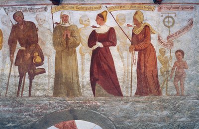 Döden med den lame mannen, nunnan, den unga kvinnan, den gamla kvinnan och barnet, detalj från Dödsdansen av Simone II Baschenis