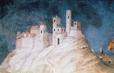 Åminnelse av Guidoriccio da Fogliano vid belägringen av Montemassi, detalj av fästningen Montemassi, från Sala del Mappamondo, 1328 av Simone Martini
