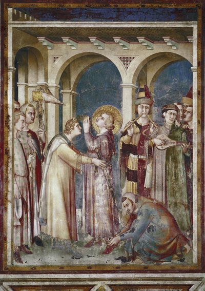 Fresk av Saint Martins liv. Saint Martin är en riddare, detalj. Festen Saint Martin de Tours och musikerna. Målning av Simone Martini (1280-1344). Fresk av Simone Martini