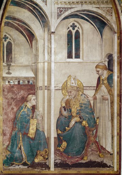 Life of Saint Martin of Tours (316-397): Saint Martin i meditation (Saint Martin of Tours mediterar) - Fresk av Simone Martini (ca 1284-1344), ca. 1312-1317, cm. 390x200 - Basilica of Saint Francis of Assisi, nedre kyrkans kapell Saint Martin, Assisi av Simone Martini
