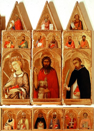 Saint Catherine of Alexandria, Saint John the Baptist, Saint Peter of Verona. Detalj av Saint Catherine of Alexandria Polyptych (tempera och guld på trä av Simone Martini