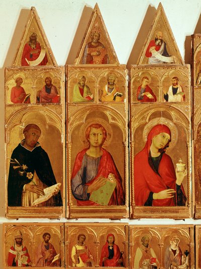 Saint Dominic, Saint John Evangelist, Saint Mary Magdalena. Detalj av Saint Catherine of Alexandria Polyptych (tempera och guld på trä av Simone Martini