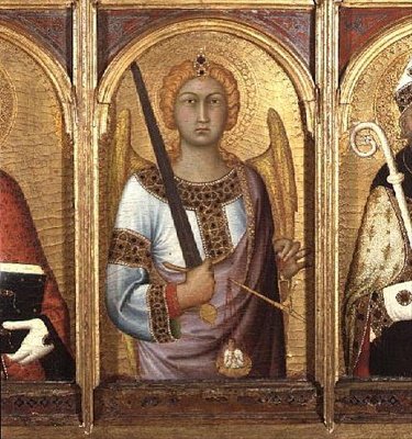 Sankt Mikael, detalj från altartavlan för SS Geminianus, Mikael och Augustinus, ca 1319 (tempera med guld och silver på panel) (detalj av 58835) av Simone Martini