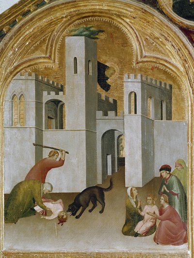 Barnets mirakel griper tag mellan huggtänderna på en varg. Del av triptyken History of Eremit of St. Augustine (Tempera på trä av Simone Martini