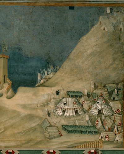Soldatlägret, från väggmålningen som visar condottiere Guidoriccio da Fogliano (fresco) av Simone Martini