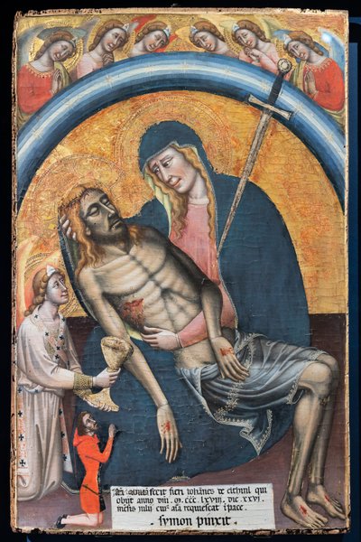 Klagoång över den döde Kristus med klienten, Iohannes de Elthinl, av Simone dei Crocifissi, ca. 1368. Jungfrun representeras som Vår Fru av sorger, med ett svärd i hjärtat. av Simone dei Crocifissi
