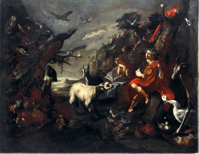 Orphee and the Animals Målning av entourage av Sinibaldo Scorza (1589-1631) Sön.101,5x129 cm Gener, nya gatumuseer av Sinibaldo Scorza