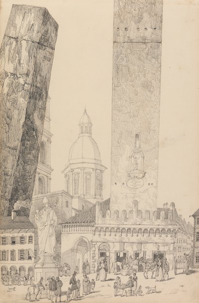 Album med 30 vyer i Tyrolen och Italien: Lutande tornen, Statyn av St. Franciskus, Bologna 12 november 1840 av Sir Charles D