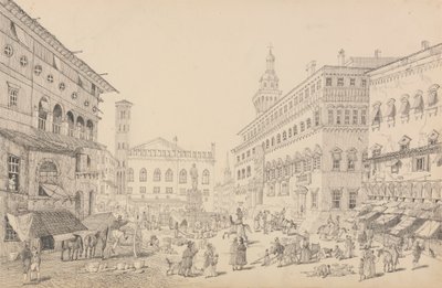 Album med 30 vyer i Tyrolen och Italien: Torget i Bologna, katedralen och palatset för påvens legat 12 november 1840 av Sir Charles D