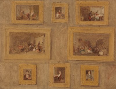 Det enda barnet; Judarnas Harpa; The Cut Finger; Blindbock; Hyresdagen; The Scotch Piper; Prieu-Dieu; och självporträtt: en skiss av de åtta målningarna inramade och hängande på en vägg av Sir David Wilkie