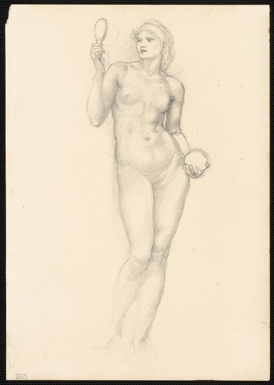 Naken kvinnlig figur med spegel i höger hand av Sir Edward Burne Jones