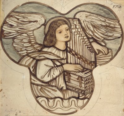 Design för målat glas i Lyndhurst Church: An Angel Organist, 1886 av Sir Edward Coley Burne Jones