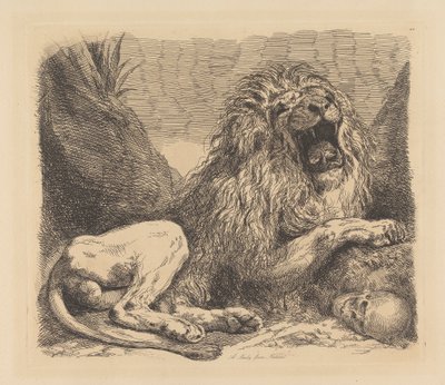 En studie från naturen; ett lejon bland stenar, rytande, en mänsklig skalle nedre till höger av Sir George Hayter