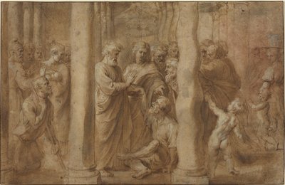 Den lame mannens mirakel helad av Sankt Peter och Sankt Johannes av Sir Peter Paul Rubens over Anonymous Italian after Parmigianino after Raphael