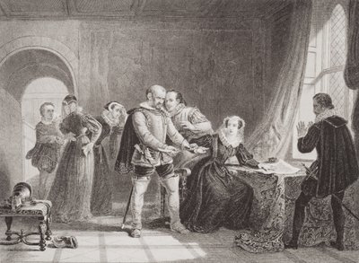 Mary Queen of Scots (1542-87) tvingad att skriva under sin abdikation i Lochleven Castle 1567, från "Illustrations of English and Scottish History", volym I. av Sir William Allan