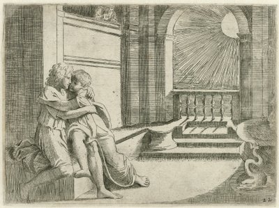 Abimelech ser Isaak Rebekka liefkozen Bijbelse scener (serietitel) Historia del Testamento Vecchio / Målad i Rom i Vatikanen av Raffaelle di Urbin (...) (serietitel) av Sisto Badalocchio