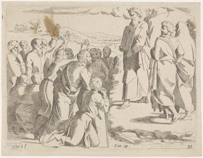Mose visar lagens tabeller för folket Bibliska scener (serietitel) Historia del Testamento Vecchio / Dipinta in Roma nel Vaticano da Raffaelle di Urbino (...) (serietitel) av Sisto Badalocchio