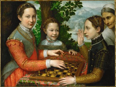 Ett schackparti, där målarens tre systrar och en betjänt deltar av Sofonisba Anguissola