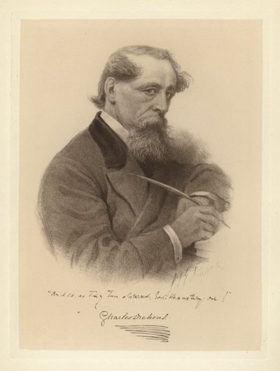 Porträtt av Charles Dickens som håller sin penna (s/v foto) av Solomon (after) Eytinge