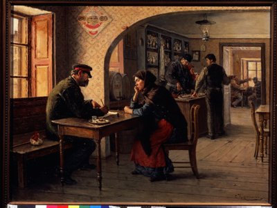 En petition (A petition). På ett kafé pratar en kvinna med en soldat från Röda armén som fyller i ett formulär åt henne. Bakom dem, det vanliga myllret på ett kafé. Målning av Solomon Yakovlevich Kishinevsky (Kishinevsky) (1863-1941), olja av Solomon Yakovlevich Kishinevsky