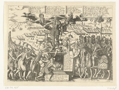 Reproduktion av tecknad film på statyn av Alva, 1571 av Sons, and Stewart, G. Waterston