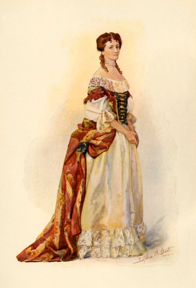 Klänning av röd brokad som bars i Barbados-kolonin c1685, 1903, 1937. av Sophie B. Steel