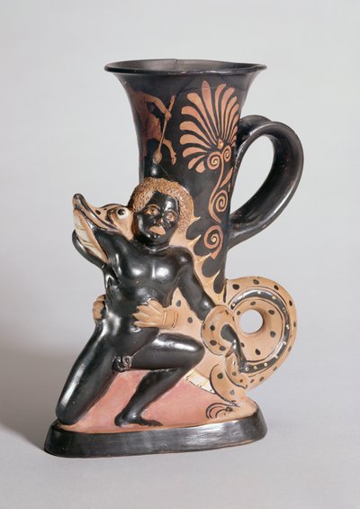 Hornformad Rhyton med röd figur som visar en krokodil som attackerar en nubian, grekisk, ca 350 f.Kr. (lera) av Sotades