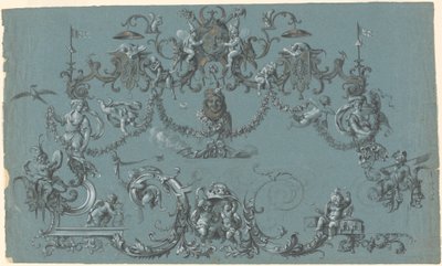 Arabesques med frolicking Putti, djur och gycklare av South German 18th Century