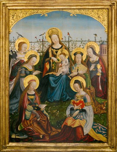 Triptyk av Jungfru Maria och barnet med helgon (mittpanelen) av South German School