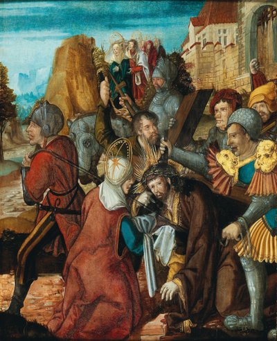 Sankta Veronica presenterar sin slöja för Kristus på väg till Golgata, ca 1515-1520. av Southwest German master.