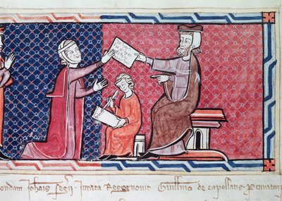 En kvinna som avlägger en ed inför kung James I (1207-76) av Mallorca, detalj av magistraten, kvinnan och skrivaren, från Capbreu de Clayra et de Millas, 1292 (detalj av 181839) av Spanish School
