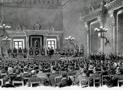 En samling katalanska nationalister samlades i Manresas stadshus, för utarbetandet av de 16 baserna för att tjäna den katalanska regionala konstitutionen 1892. Teckning av Jaume Pahissa. av Spanish School