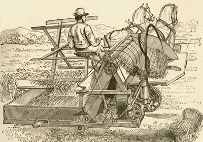 En skördemaskin, dragen av hästar, som band majskärvarna mekaniskt, använd i slutet av 1800-talet. Från El Museo Popular publicerade Madrid av Spanish School