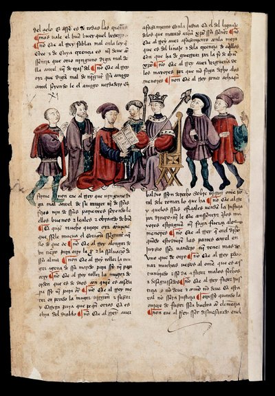 En man presenterar en bok för kungen, miniatyr i "Book of Punishments or Documents for Good Living" av Spanish School