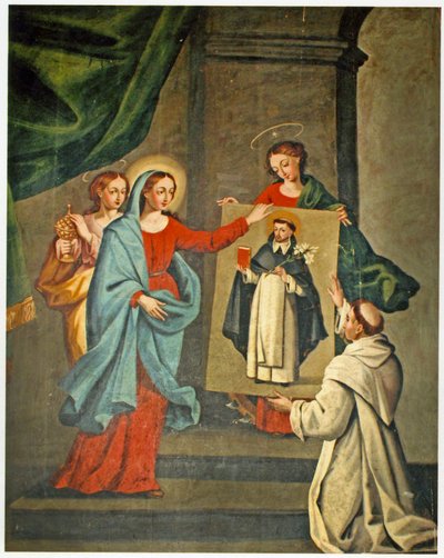 Ett helgon som presenterar ett porträtt av St Dominic för Jungfru Maria (se även 308140) av Spanish School