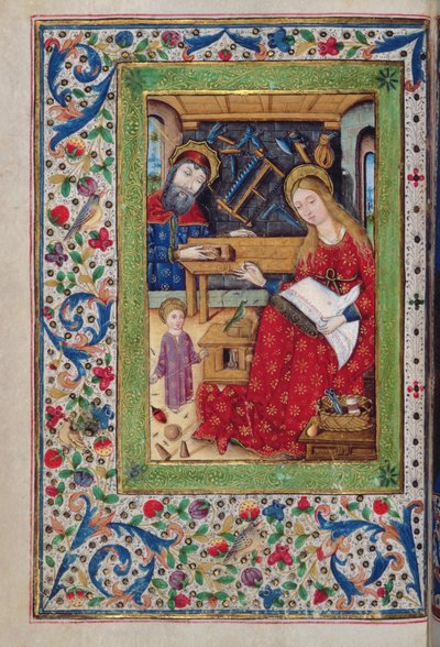 Lägg till 18193 f.48v Den heliga familjen i Josefs snickeri, latin med spanska rubriker, från en 