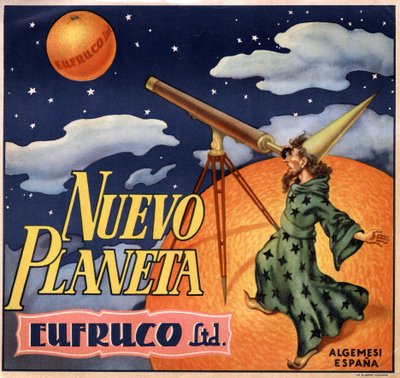 Reklam med en magiker som observerar "" den nya planeten Orange""". Reklamaffisch, Valencia av Spanish School