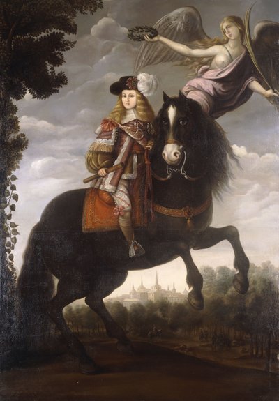 Ett ryttarporträtt av kung Charles II, full längd, i en röd kappa med vita detaljer som kröns med en lagerbär av en ängel, Madrid i fjärran, ca 1685 av Spanish School