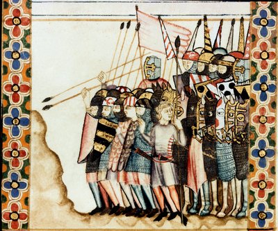 Armee des croises Detalj av en sida hämtad från ett manuskript av Sankta Marias sång (Cantigas de Santa Maria), dekorerande miniatyrer tillägnade Sankta Maria och hennes mirakel, en samling sånger som återupptas under regen av Alfonso X den vise (1221- 128 av Spanish School