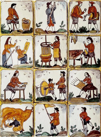 Hantverksyrken: skomakare, tunnbindare, flätad korgtillverkare, vinmakare, tecknare lecon, musiker, komjölkning, vässare, bonde, ebenist. Katalanska keramiska plattor (Spanien) av Spanish School