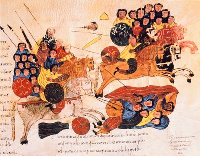 Strid mellan hebréerna och filistéerna, från St. Isidores visigotisk-mozarabiska bibel, fol.119r., A.D. 960 (tempera på vellum) av Spanish School