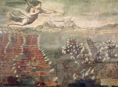 Slaget vid Lepanto. Segerrika fartyg på väg in i Messinas hamn (olja på duk) av Spanish School