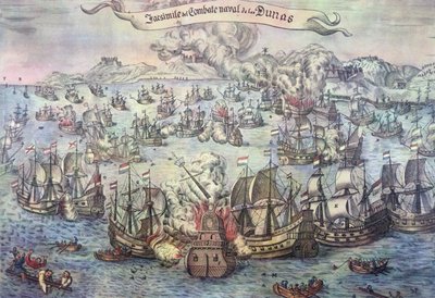 Battle of the Downs, 21 oktober 1639 (färgad gravyr) av Spanish School