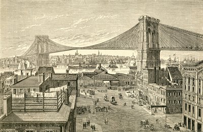 Brooklyn Bridge, New York, USA under 1800-talet. Från El Museo Popular publicerade Madrid av Spanish School