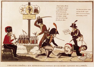 Tecknad film om fördelarna som Napoleon Bonaparte (1769-1821) fick i Spanien av Spanish School