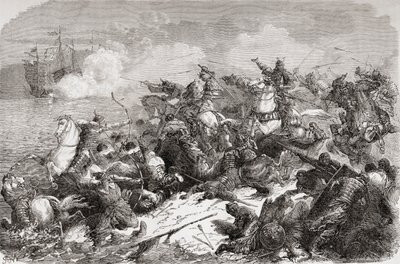 Kinesernas försök att invadera Japan på 1200-talet, publ. 1878 (tryck) av Spanish School