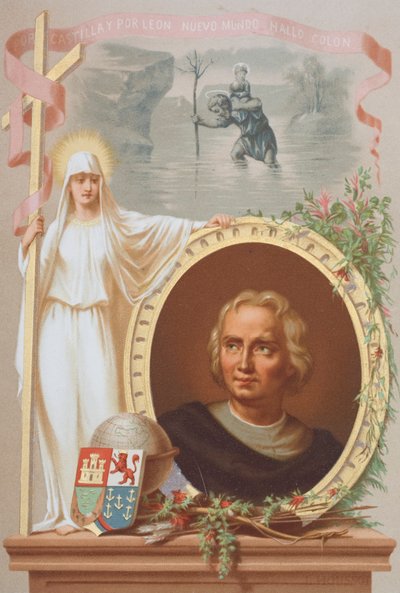 Christopher Columbus, genuesisk navigatör (chromolitho) av Spanish School