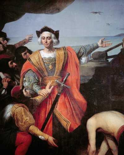 Christopher Columbus, ombord på sin karavel, gester till ön Guanahani (San Salvador) den 12 oktober 1492, detalj (olja på duk) av Spanish School