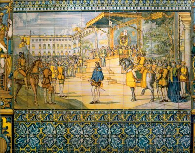 Firande i Valladolid för att hedra Filip II av Spanien i maj 1559. Kakelplattor från skolan i Talavera au palais de la famille Pimentel, Valladolid. av Spanish School