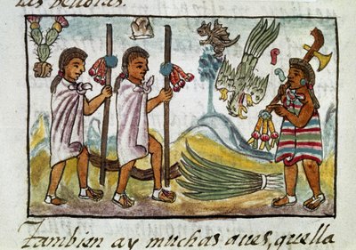 Codex om erövringen av Mexiko: förklädda köpmän i Tzinacantlan. Miniatyr av det florentinska manuskriptet "Storia degli Aztechi" (Aztekernas historia) av Bernardino de Sahagun av Spanish School